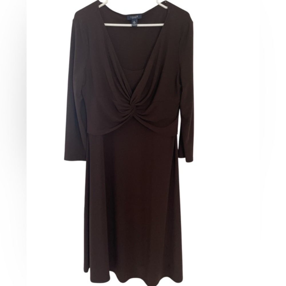 Chaps Dark Brown Long Sleeve Twist-Front Midi Dress